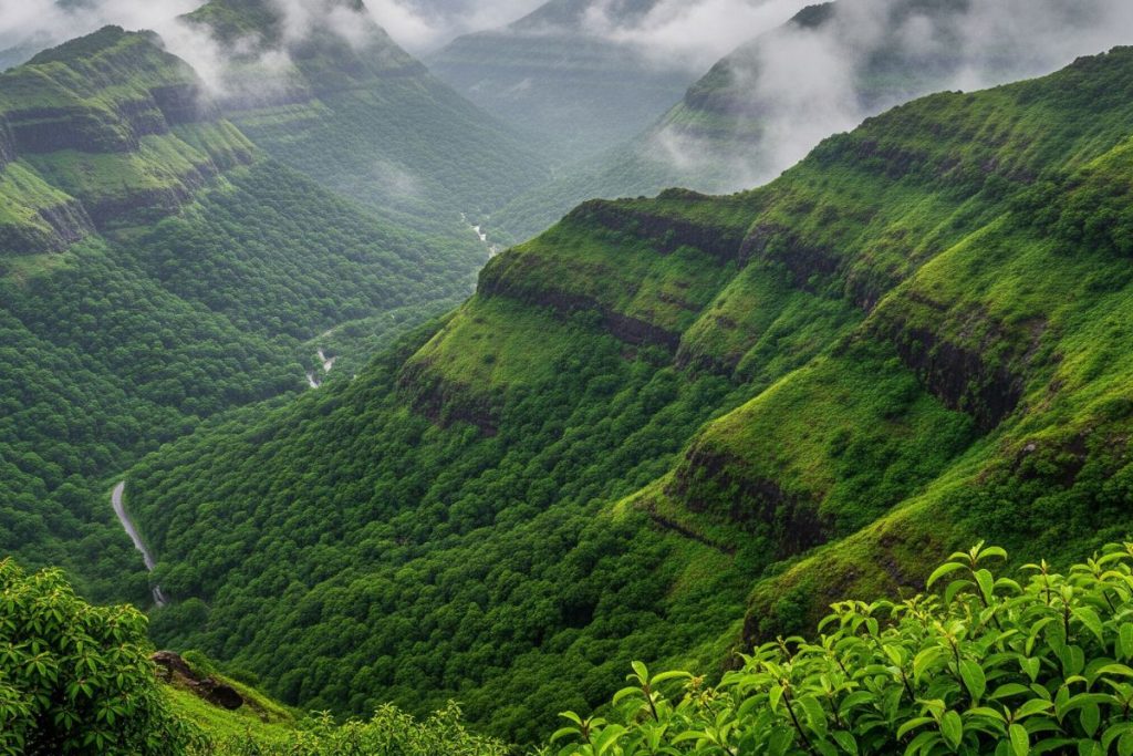 Panoramic view of Igatpuri's green hills during the monsoon with mist covering the peaks