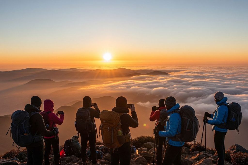 Trekkers reaching the summit of Kalsubai Peak at sunrise, with a sea of clouds below