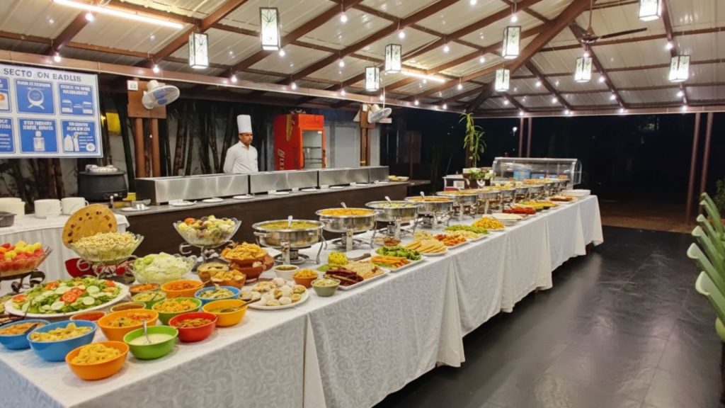 A colourful buffet spread at a family-friendly resort restaurant with options for both kids and adults.