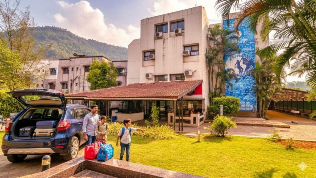 A happy family unloading their car in the driveway of Hotel Ashwin Igatpuri, with the lush green hills in the background